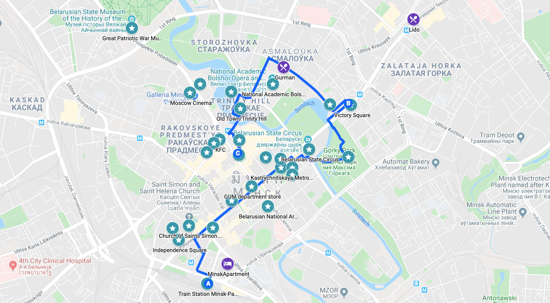Walking Tour map of Central Minsk