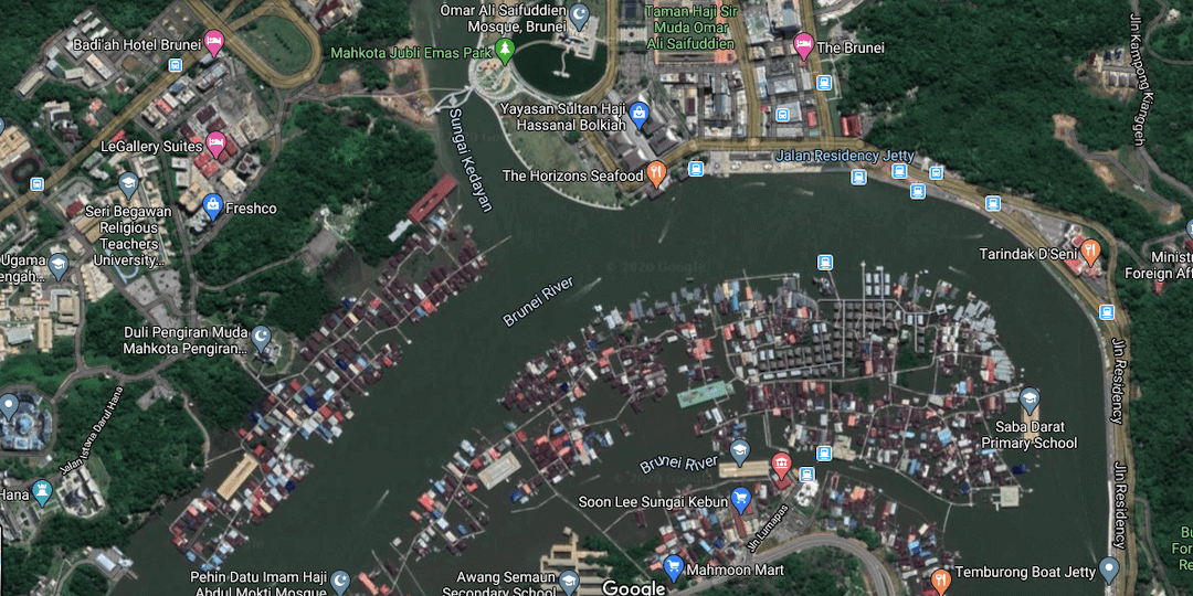 Ariel view of Kampong Ayer and Bandar Seri Begawan’s downtown waterfront, Brunei