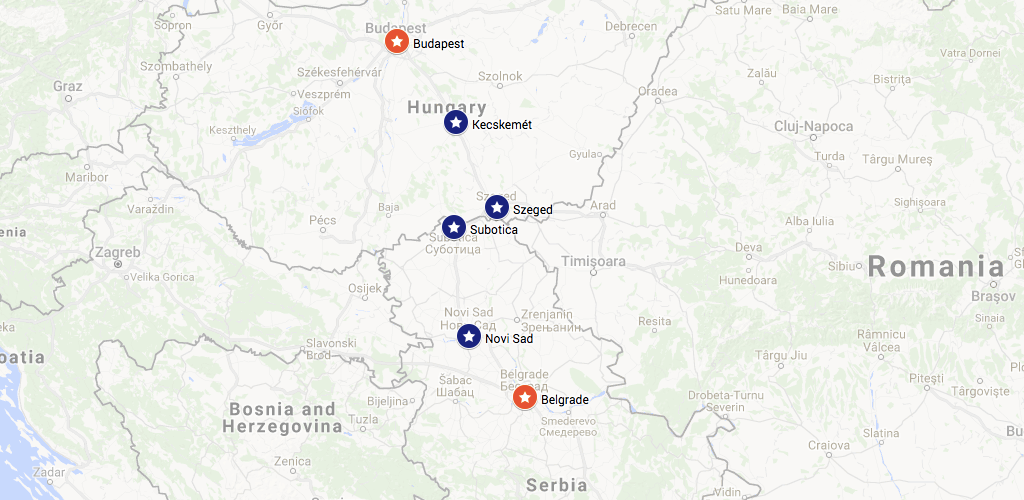 Where to break the journey between Belgrade and Budapest map