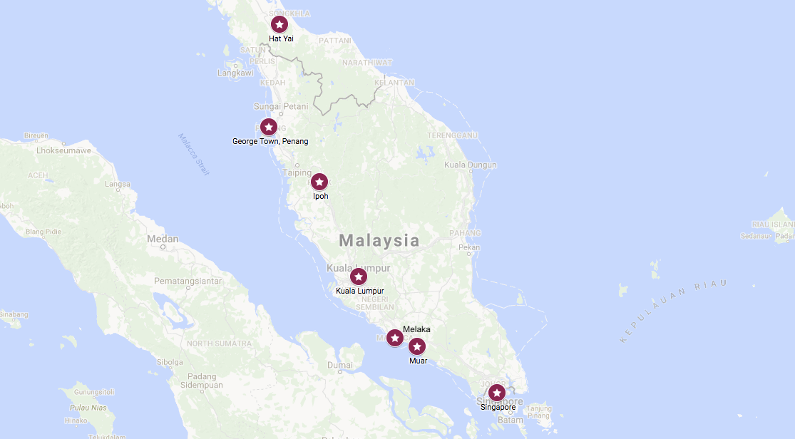 Where to break the journey between Singapore and Penang map