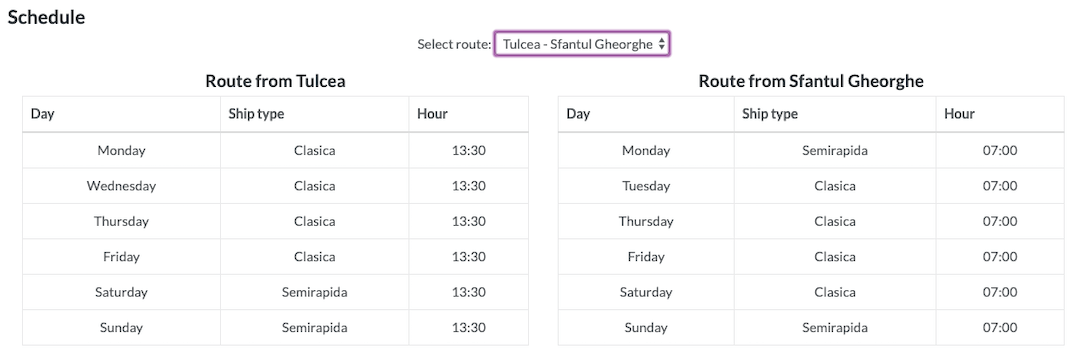 Tulcea to Sfantu Gheorghe ferry schedule